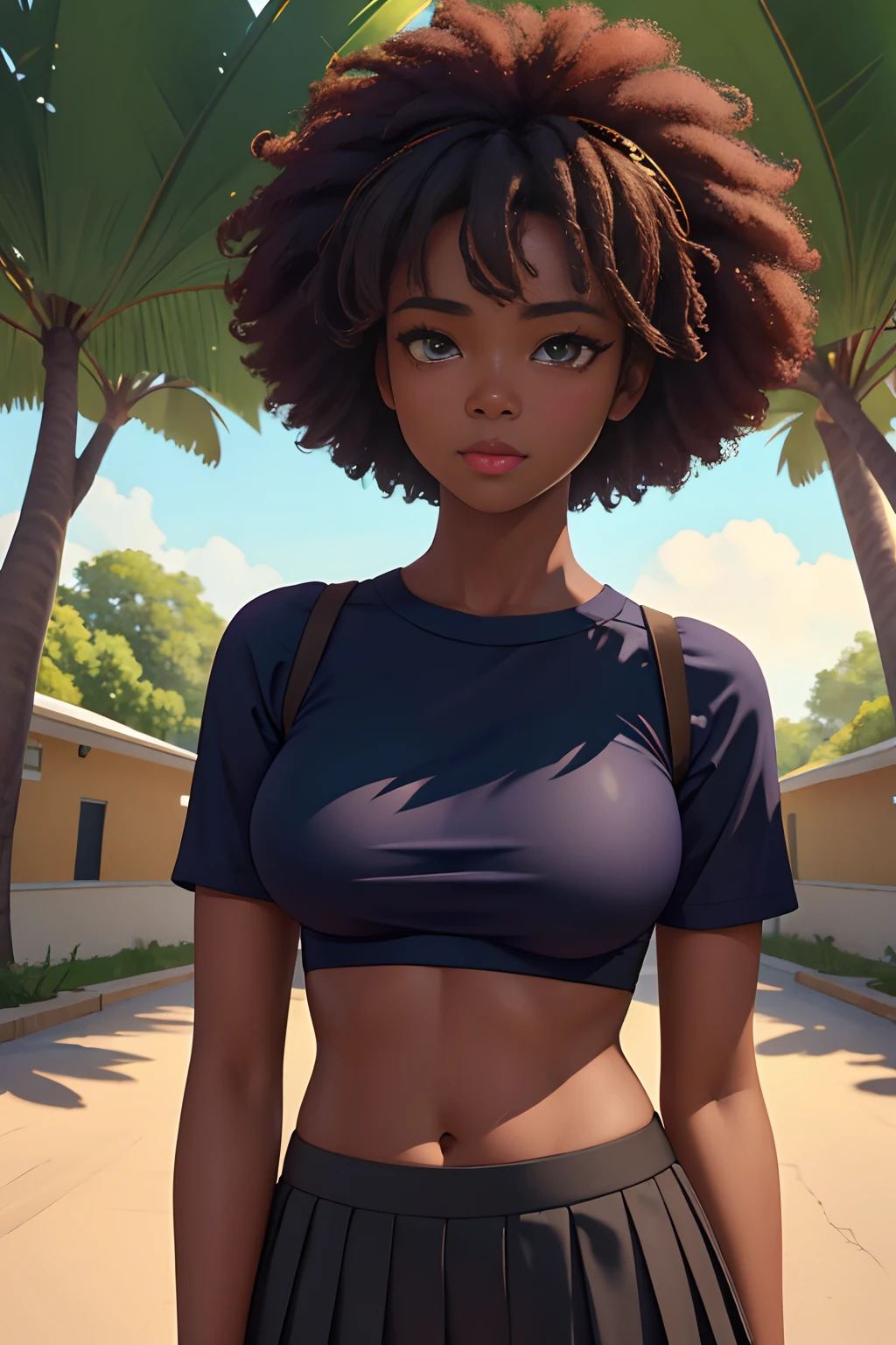 SFW, uploaded on e621, by Pixelsketcher, by Bayard Wu, by Thomas Benjamin Kennington , by Einshelm, solo anthro, ((face portrait)), BREAK, ((mini under boob tee, short skirt)), natural park, ((wearing bra, showing belly button)), ((huge afro)),(detailed Bonifasko lighting), (detailed skin), (detailed deep ebony skin), (dark skin, ebony, deep ebony), (her own arm holding her own head), BREAK, ((mini under boob tee, short skirt)), ((natural park)), ((facing viewer)), (cinematic lighting), ((detailed background)), ((face portrait view)), (((portrait view))), (half body shadow), [backlighting], [crepuscular ray], [detailed ambient light], [gray natural lighting], [ambient light], (higher detail), [explict content], [sharp focus], (questionable content), (shaded), ((masterpiece), her own arms holding her own head, medium breasts, african girl, African face, African Art, African Art, Commission for High Res, African Art, Art,Sakimichan beautiful, masterpiece, medium breasts, best quality, detailed image, bright colors, detailed face, perfect lighting, perfect shadows, perfect eyes, girl focus, eyes, flawless face, medium breasts, face focus, (huge afro)) African, African girl, dark skin, deep ebony woman, ebony nose, sexy mouth, gaze at the viewer, eyes, 1girl, solo, (masterpiece), (best quality), (illustration), (cinematic lighting), detailed dark skin, balanced coloring, global illumination, ray tracing, good lighting, deep ebony, African, showing breasts, cleavage, looking at viewer, seductive look, SFW