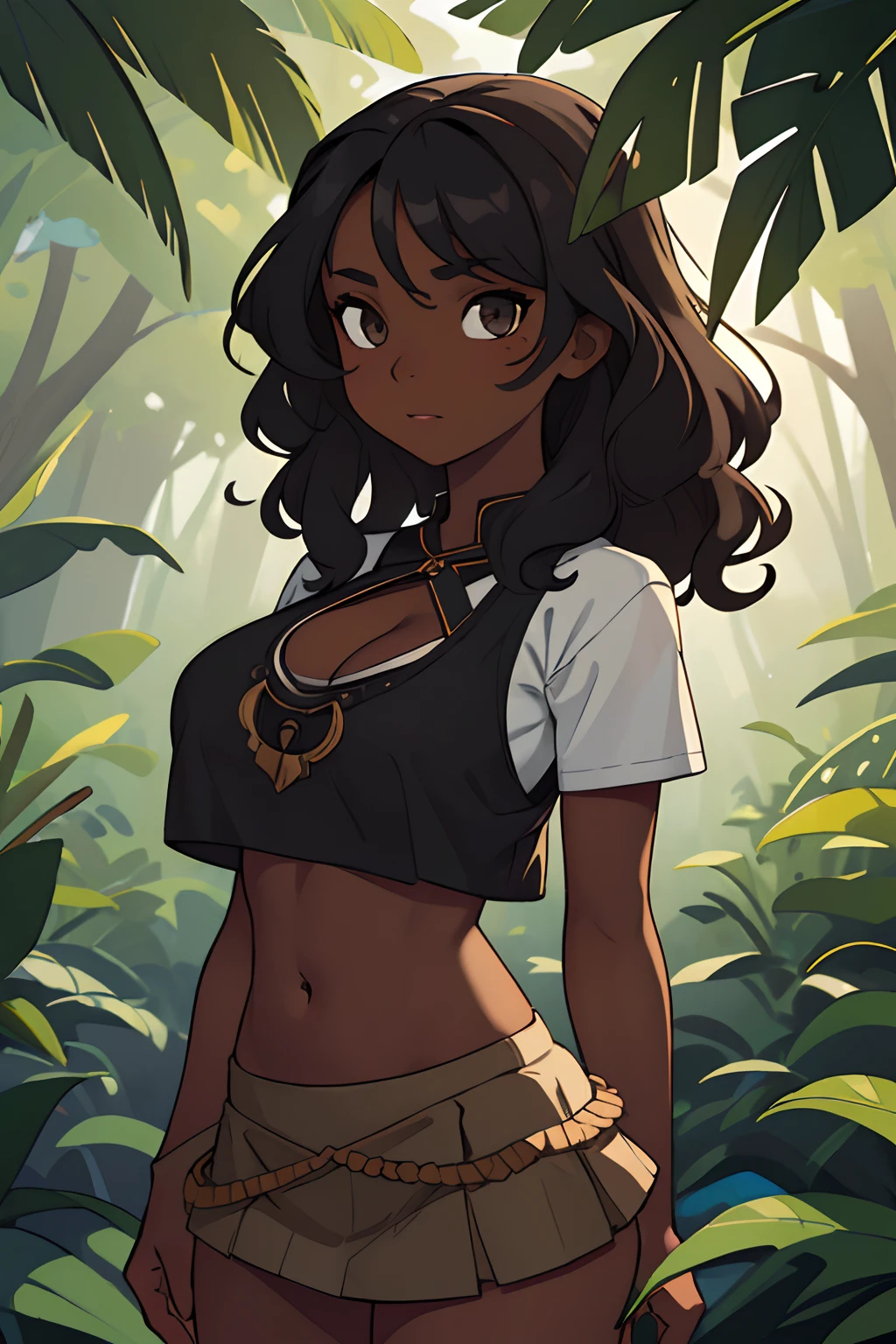 SFW, uploaded on e621, by Pixelsketcher, by Bayard Wu, by Thomas Benjamin Kennington , by Einshelm, solo anthro, ((face portrait)), BREAK, ((mini under boob tee, short skirt)), natural park, ((wearing bra, showing belly button)), ((wavy hair)),(detailed Bonifasko lighting), (detailed skin), (detailed deep ebony skin), (dark skin, ebony, deep ebony), (her own arm holding her own head), BREAK, ((mini under boob tee, short skirt)), ((natural park)), ((facing viewer)), (cinematic lighting), ((detailed background)), ((face portrait view)), (((portrait view))), (half body shadow), [backlighting], [crepuscular ray], [detailed ambient light], [gray natural lighting], [ambient light], (higher detail), [explict content], [sharp focus], (questionable content), (shaded), ((masterpiece), her own arms holding her own head, medium breasts, african girl, African face, African Art, African Art, Commission for High Res, African Art, Art,Sakimichan beautiful, masterpiece, medium breasts, best quality, detailed image, bright colors, detailed face, perfect lighting, perfect shadows, perfect eyes, girl focus, eyes, flawless face, medium breasts, face focus, (wavy hair)) African, African girl, dark skin, deep ebony woman, ebony nose, sexy mouth, gaze at the viewer, eyes, 1girl, solo, (masterpiece), (best quality), (illustration), (cinematic lighting), detailed dark skin, balanced coloring, global illumination, ray tracing, good lighting, deep ebony, African, showing breasts, cleavage, looking at viewer, seductive look, SFW