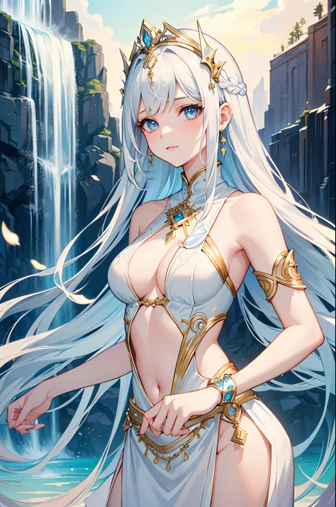 masterpiece, highlydetailed, ultra-detailed, solo, (1girl), (pale skin), icyblue eyes, frosty white hair, (Waterfall Braids hair), young lady, lady chara, medium boobs, goddess, kuudere girl, (Arabian background), (desert), (Arabian gorgeous clothes), (smi...
