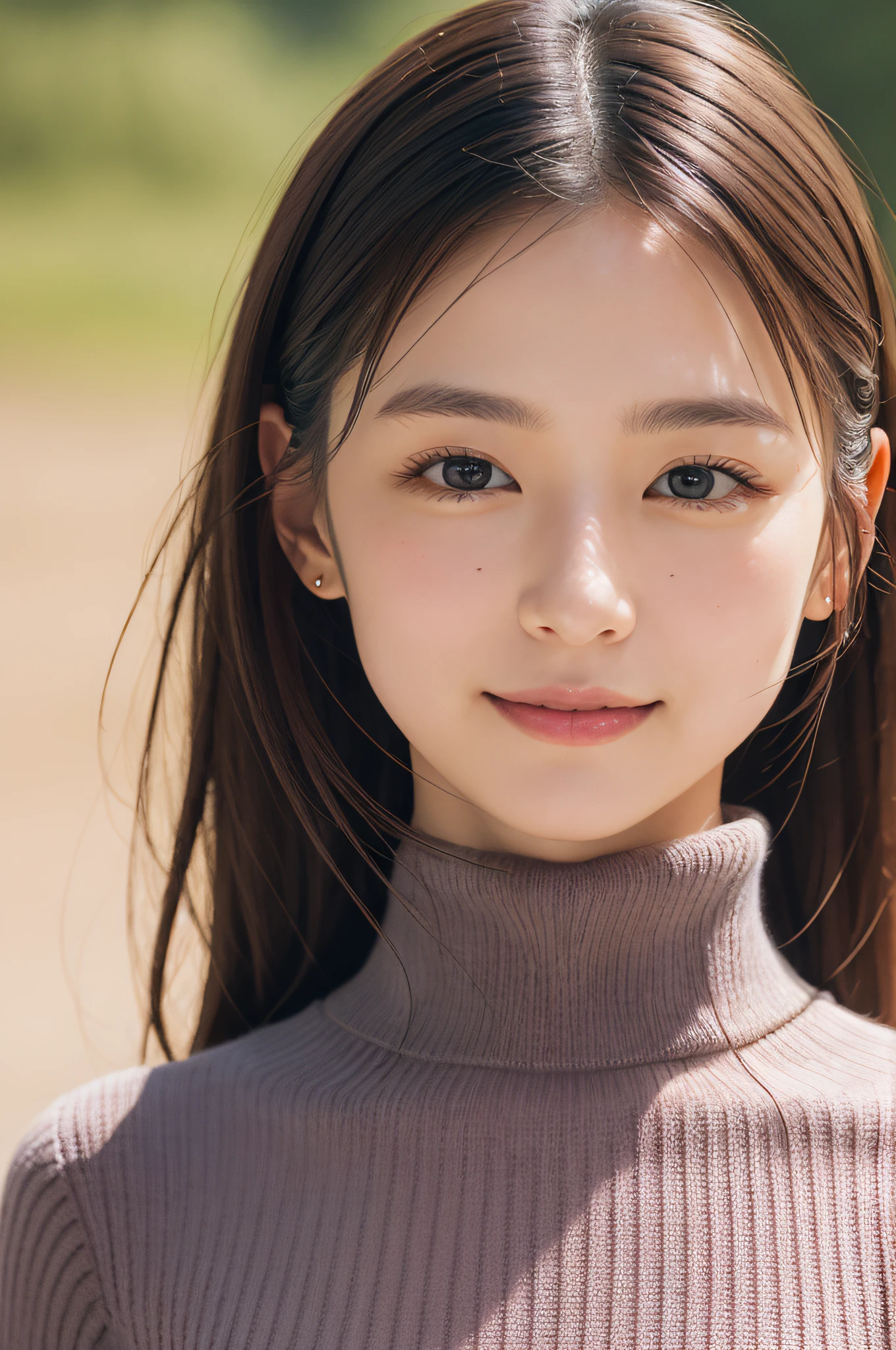 (masterpiece, best quality, looking at viewer:1.4), close up, raw photo, absurdres, 8k, 85mm, sophisticated, brown turtleneck sweater, (smile:0.2)