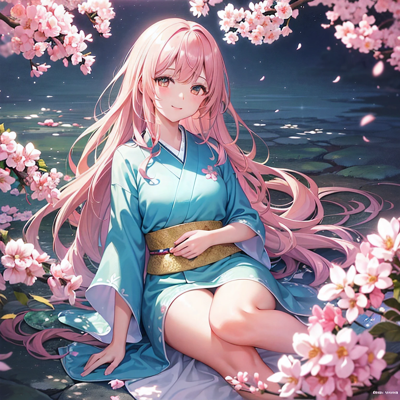 Girl in the flower garden, Surrounded by blooming cherry blossoms, Wear a traditional kimono. She shines, Sparkling eyes and a gentle smile. The sun's rays cast a warm glow on her, Emphasize her delicate features. Flowers look vivid and lively, Intricate details of each petal. The scene is full of tranquility and a sense of tranquility. The colors are vivid and saturated, A palette of soft pastel colors dominates the overall tone. The lighting is soft and dreamy, Creating a whimsical atmosphere. Final artwork must be of the highest quality, Ultra-detailed rendering and vibrant colors. The style should capture the beauty and elegance of the painting, With a touch of realism and photorealism, hinami_aoi