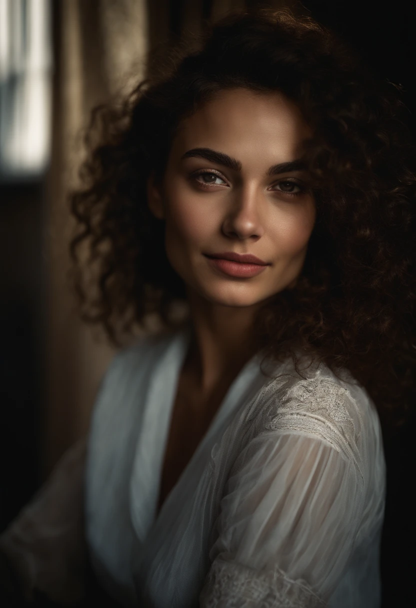 (close-up, editorial photograph of a 20 yo woman from the 1940's), (highly detailed face:1.4) (smile:0.7) (background inside dark, moody, private study:1.3) POV, by lee jeffries, nikon d850, film stock photograph ,4 kodak portra 400 ,camera f1.6 lens ,rich colors ,hyper realistic ,lifelike texture, dramatic lighting , cinestill 800,