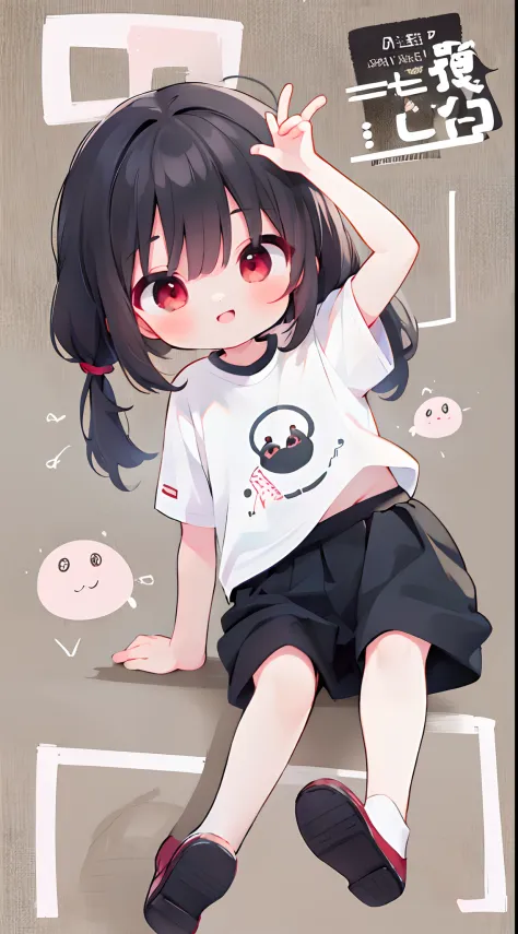 (Best Quality,4K,High resolution), girl with, dark red-black hair, Long straight hair， Comical appearance，sharp eye，Red Eyes，Charming smile，comic strip，animesque，Comical illustration，Rough sitting，Oversized T-shirt，Short pants，busy，Deformed cute illustrati...