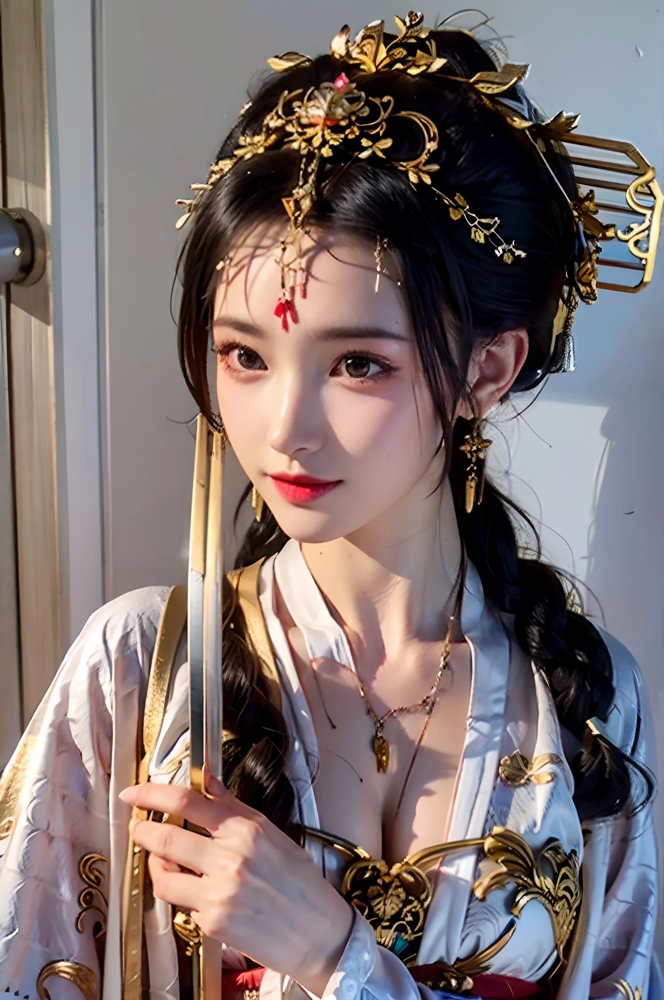 肖像特寫,一個女孩,中國古代服飾,單髮髻,(头上巨大的金色发簪:1.5),