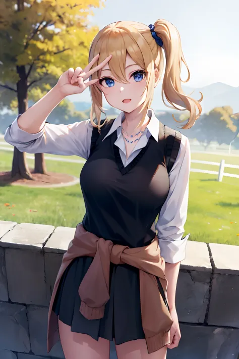 masterpiece, best quality, highres, aahayasaka, side ponytail, medium breasts, necklace, collared shirt, black vest, sleeves rol...