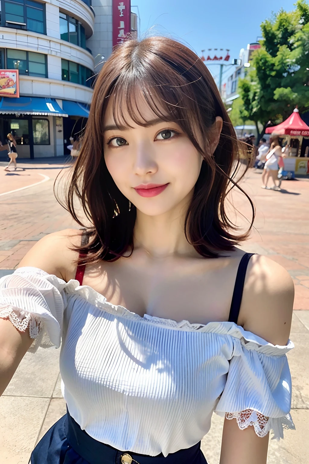 top-quality、超A high resolution、Photorealsitic、1 Idol Girl、with round face、White lace loose shirt emphasizing off-shoulder chest、tight skirts、Amusement park roller coaster in the background、Take a selfie with the camera in one hand、Footage taken with your own camera、selfie photo、(Red-brown wavy bob cut hair、Floating hair)、huge-breasted、Selfie close-up、Look at viewers、A smile that makes the viewer happy,