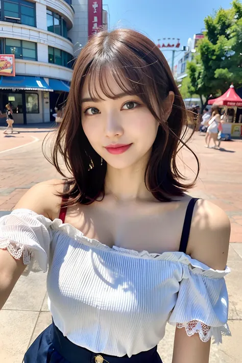 top-quality、超A high resolution、Photorealsitic、1 Idol Girl、with round face、White lace loose shirt emphasizing off-shoulder chest、...