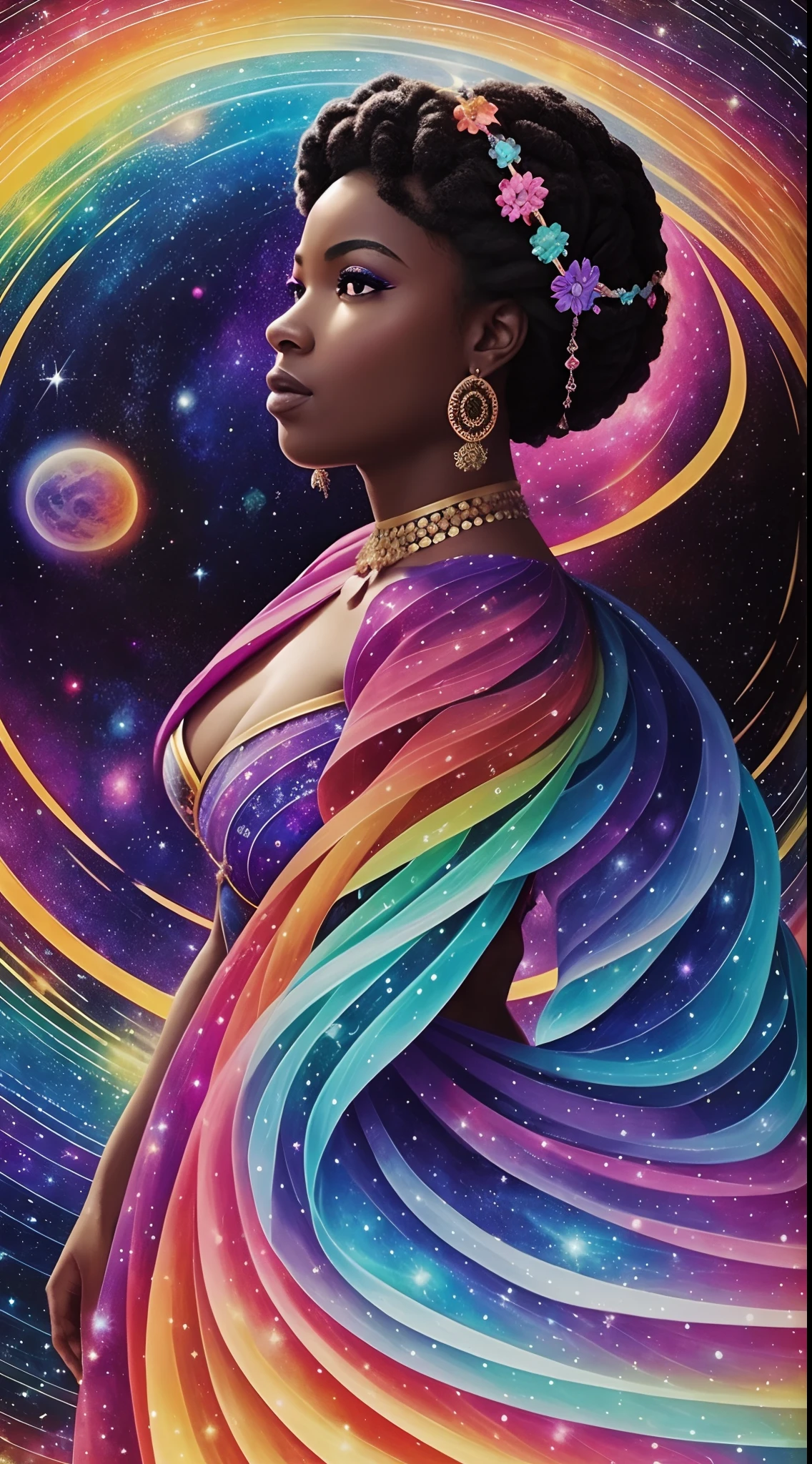 a woman in a colorful dress walking through a field of water, cosmic goddess, portrait of a cosmic goddess, earth goddess mythology, dark skin female goddess of love, psychedelic goddess, celestial goddess, full figured mother earth, goddess of space and time, divine cosmic female power, galactic sized goddess, astral ethereal, goddess of galaxies, cosmic girl, “ femme on a galactic shore