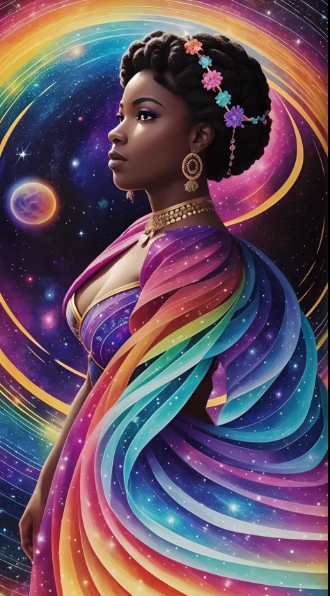 a woman in a colorful dress walking through a field of water, cosmic goddess, portrait of a cosmic goddess, earth goddess mythol...