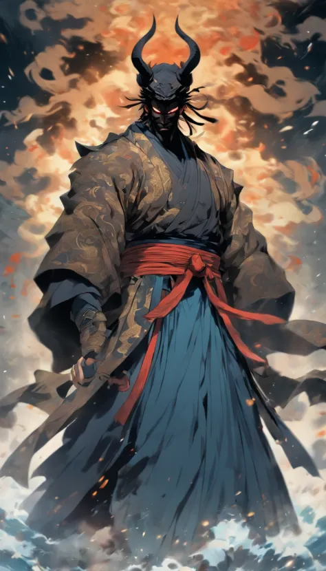 middle aged man, Evil painting style, hight resolution, black colored hair, Half of the devil's body and half of the devil's face, Samurai of Japan, Delicate three-dimensional blue flame demon face, a beard, Wearing a hat, Anger expression, Perfect body pr...