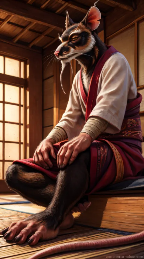 low-angle view,
standing, dojo, japanese temple, inside, clothed, kimono, red kimono, rat tail, goatee, brown body, white fur, black fur, bandages, safe,
(master splinter:1.2), meditating, crossed legs, sitting, closed eyes, solo, topwear, bottomwear, ince...