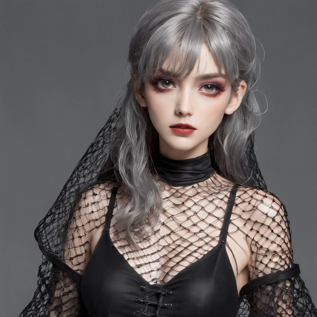 (1980s anime), Girl with gothic net symbolic clothes, (Barbed wire of the body) brunette color hair，Gray hair ends