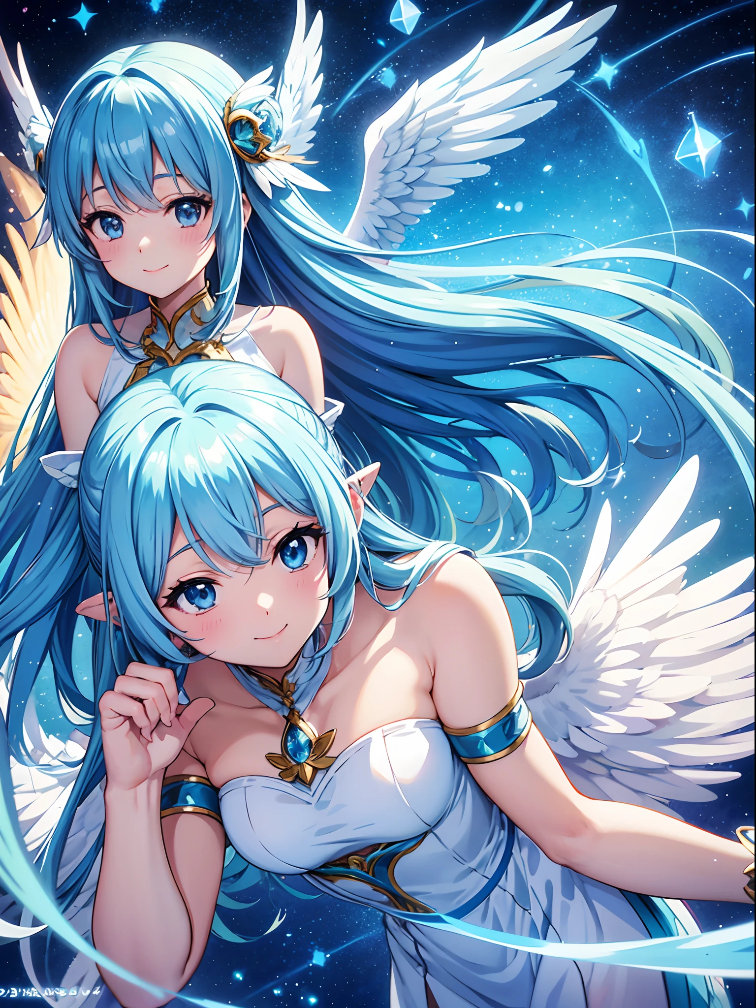 Dos chicas anime con cabello azul y alas blancas - SeaArt AI