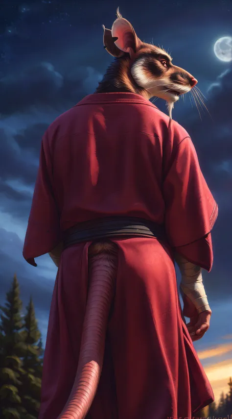 low-angle view,
standing, night, moonlight, clothed, kimono, red kimono, rat tail, red eyes, goatee, brown body, white fur, black fur, bandages, safe,
(master splinter:1.2), rear view, solo, topwear, bottomwear,
BREAK,
by bruteandbrawn, by personalami, by ...