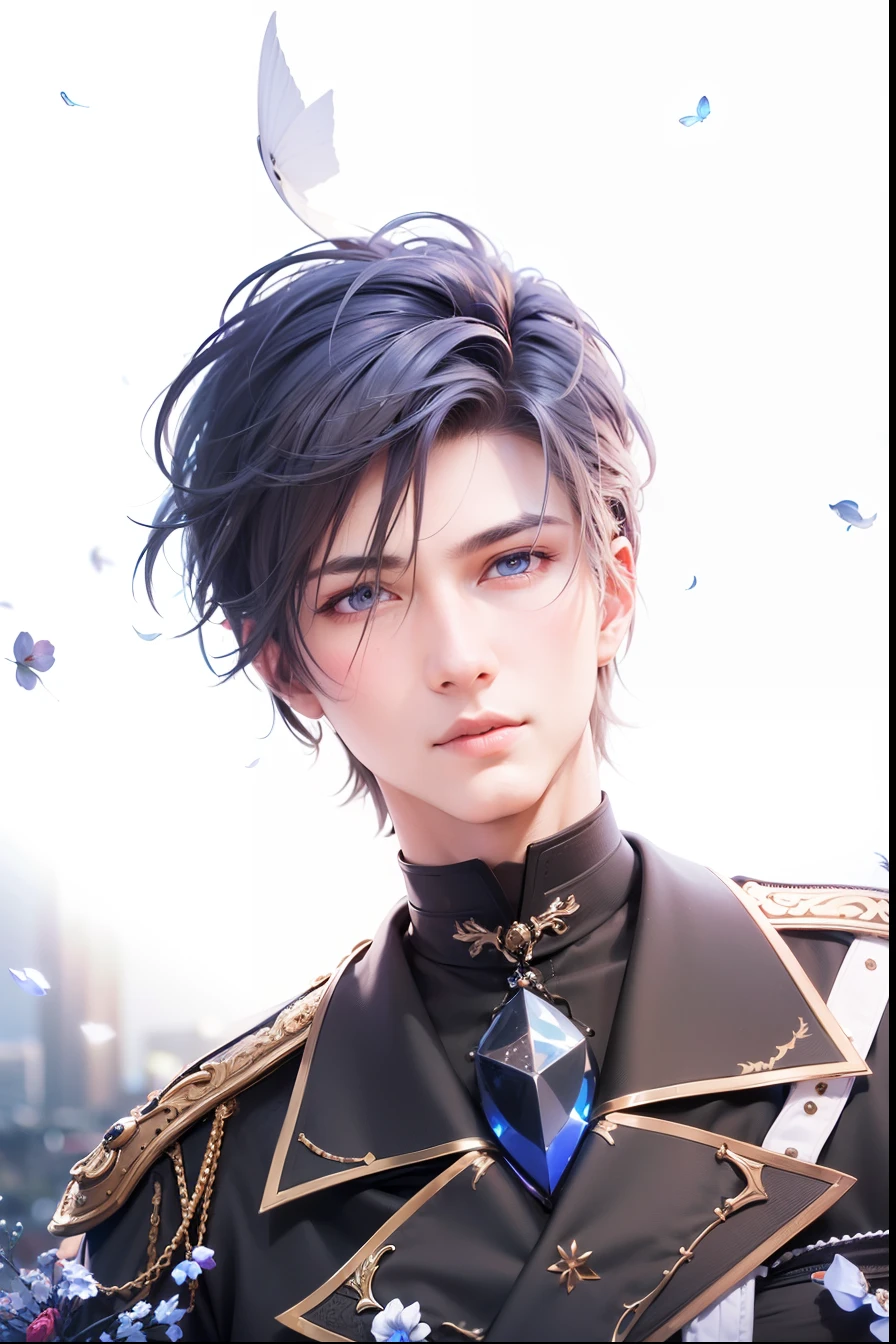 masculine male, masterpiece, ((perfect eyes)) best quality, (semirealism:1.9), beautiful lighting, (extremely detailed CG unity 4k fhd wallpaper), High Detail, Sharp focus, dramatic outdoors, 1 boy ,1, white hair, light purpel eyes, smile.