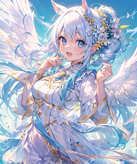 (((tmasterpiece)))、(((top-quality)))、((ultra - detailed))、(illustratio)、((Extremely Delicately Beautiful))、、Bright smile、Floating、、、long whitr hair、The wind is blowing、A WORLD、（adorable eyes）、white color hair！！！，dual horsetail！！！Spiral hair tail，blue color...