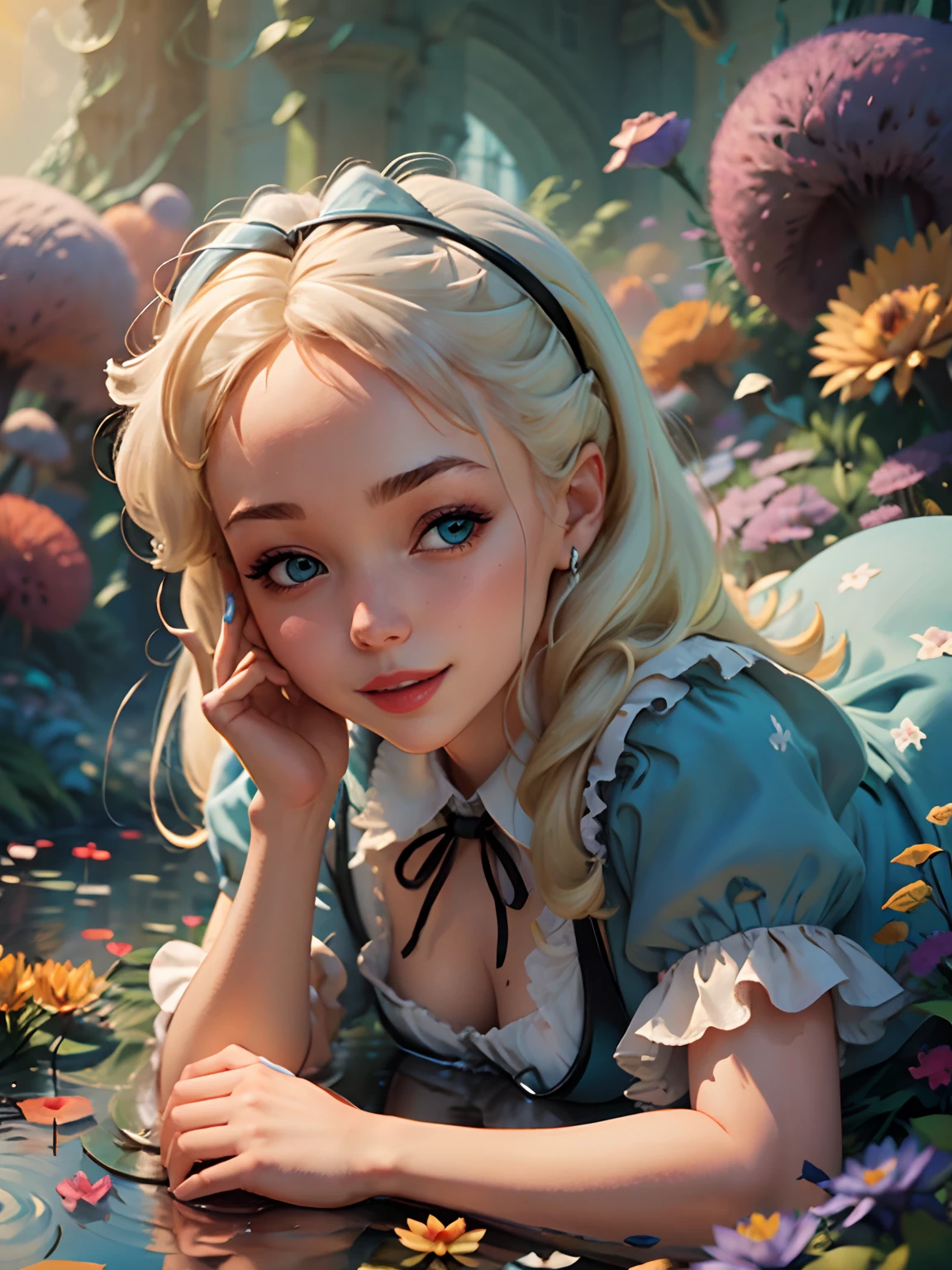 (masterpiece), (best quality), (extremely detailed), alice liddell, blue dress, white apron, black hairband, white long socks, cute pose, in a flower garden, (pond), (((disney castle at the background))), (blue sky), (sunny day), 3d. Illustration, Good Highlights, Perfect Proportions, dynamic, Professional, Award winning, (high detailed skin), (high detailed face), photorealistic, HDR, ultra highres, absurdres, perfect body shape, cute smiling, realistic figure, sexy posing, teaser lying down