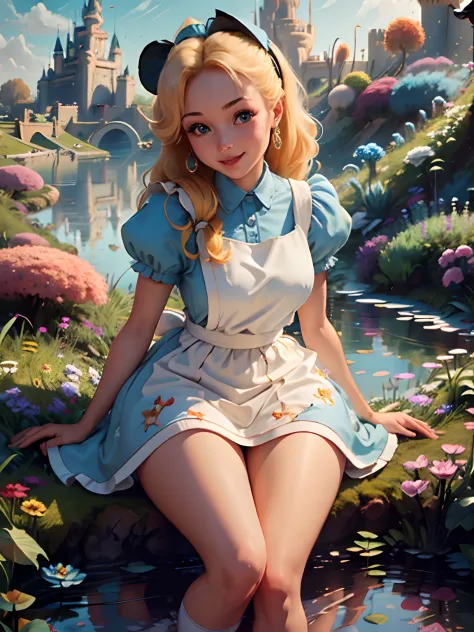 (masterpiece), (best quality), (extremely detailed), alice liddell, blue dress, white apron, black hairband, white long socks, c...