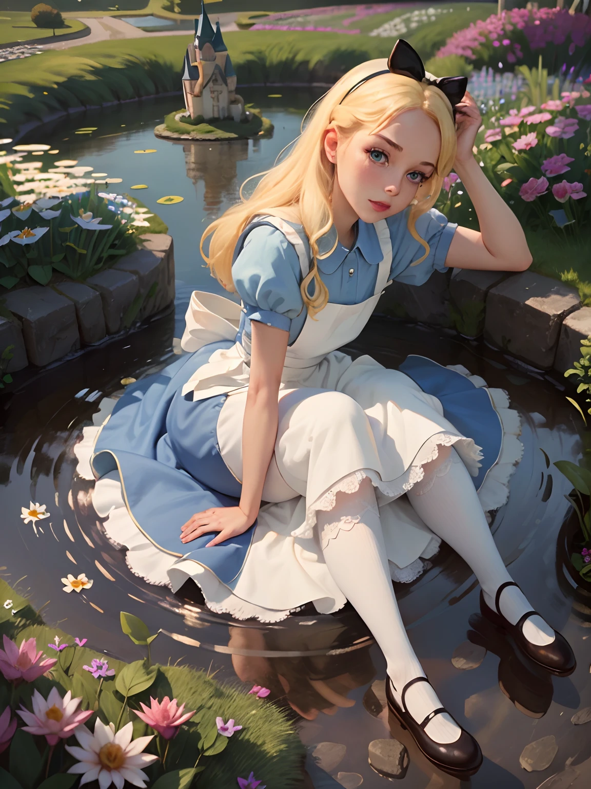 (masterpiece), (best quality), (extremely detailed), alice liddell, blue dress, white apron, black hairband, white long socks, cute pose, in a flower garden, (pond), (((disney castle at the background))), (blue sky), (sunny day), 3d. Illustration, Good Highlights, Perfect Proportions, dynamic, Professional, Award winning, (high detailed skin), (high detailed face), photorealistic, HDR, ultra highres, absurdres,
