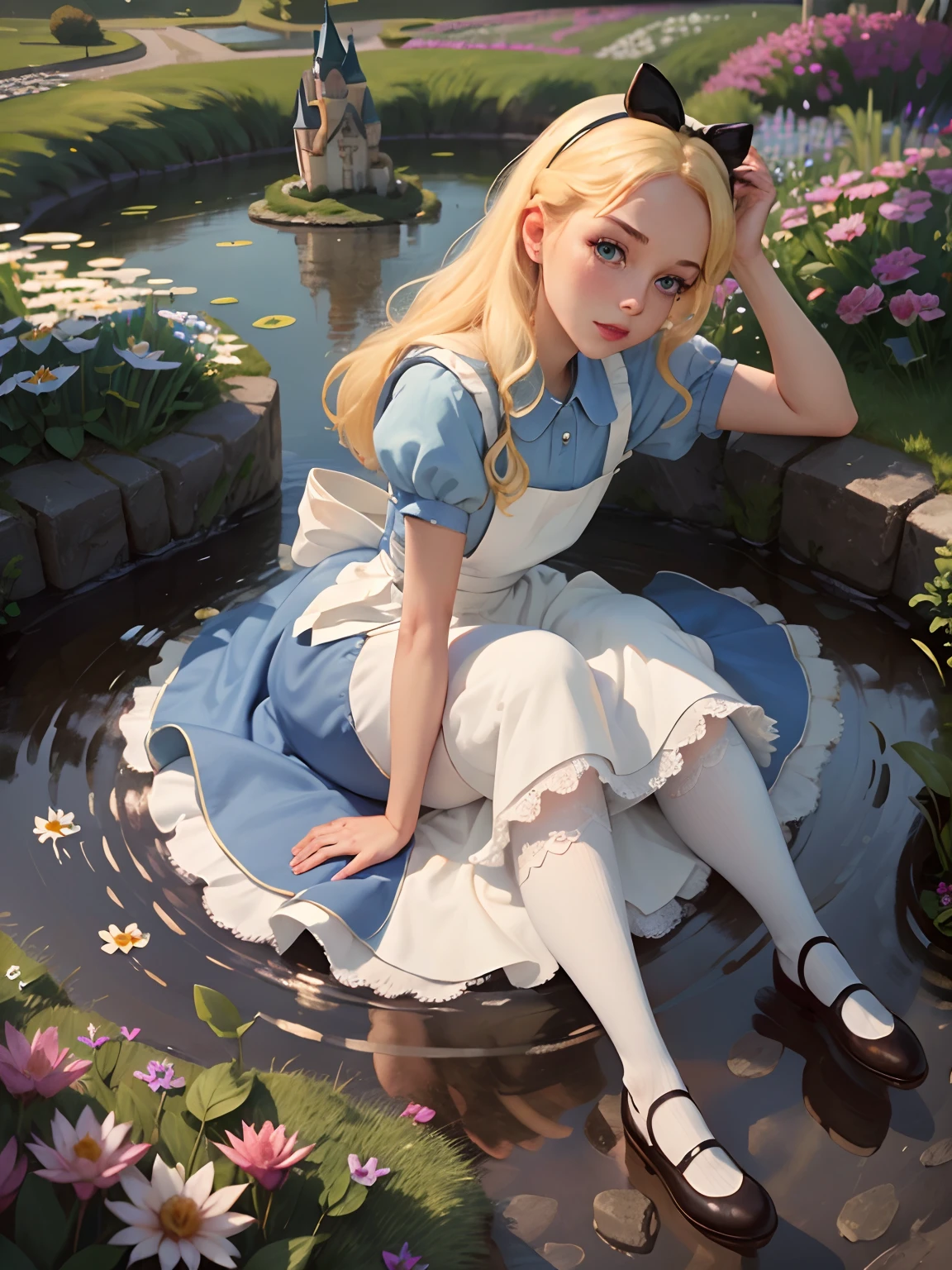 (Meisterwerk), (beste Qualität), (Extrem detailliert), Alice Liddell, blaues Kleid, Weiße Schürze, schwarzes Haarband, weiße lange Socken, süße Pose, in einem Blumengarten, (Teich), (((Disney Schloss im Hintergrund))), (blauer Himmel), (sonniger Tag), 3D. Illustration, Gute Highlights, Perfekte Proportionen, Dynamisch, Fachmann, preisgekrönt, (hochdetaillierte Haut), (hochdetailliertes Gesicht), fotorealistisch, HDR, ultra highres, absurdesten,