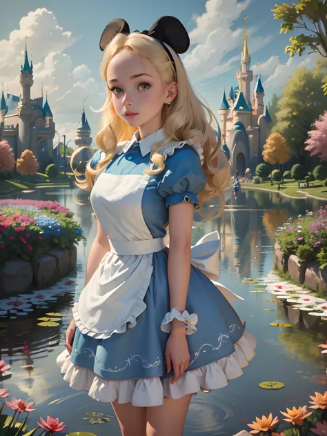 (masterpiece), (best quality), (extremely detailed), alice liddell, blue dress, white apron, black hairband, white long socks, c...