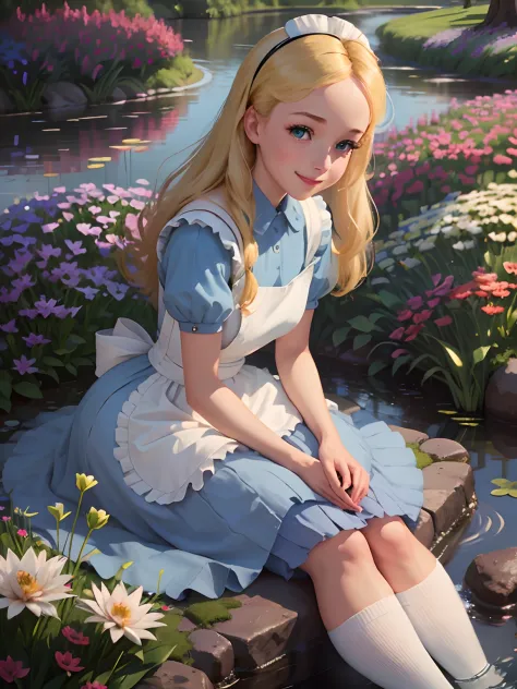 (masterpiece), (best quality), (extremely detailed), alice liddell, blue dress, white apron, black hairband, white long socks, c...