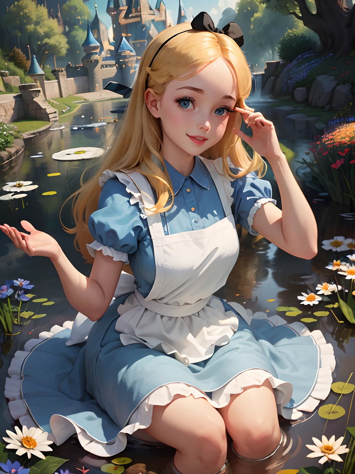 (Meisterwerk), (beste Qualität), (Extrem detailliert), Alice Liddell, blaues Kleid, Weiße Schürze, schwarzes Haarband, weiße lange Socken, süße Pose, in einem Blumengarten, (Teich), (((Disney Schloss im Hintergrund))), (blauer Himmel), (sonniger Tag), 3D. Illustration, Gute Highlights, Perfekte Proportionen, Dynamisch, Fachmann, preisgekrönt, (hochdetaillierte Haut), (hochdetailliertes Gesicht), fotorealistisch, HDR, ultra highres, absurdesten, perfekte Körperform, süß lächelnd