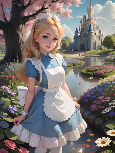 (masterpiece), (best quality), (extremely detailed), alice liddell, blue dress, white apron, black hairband, white long socks, c...