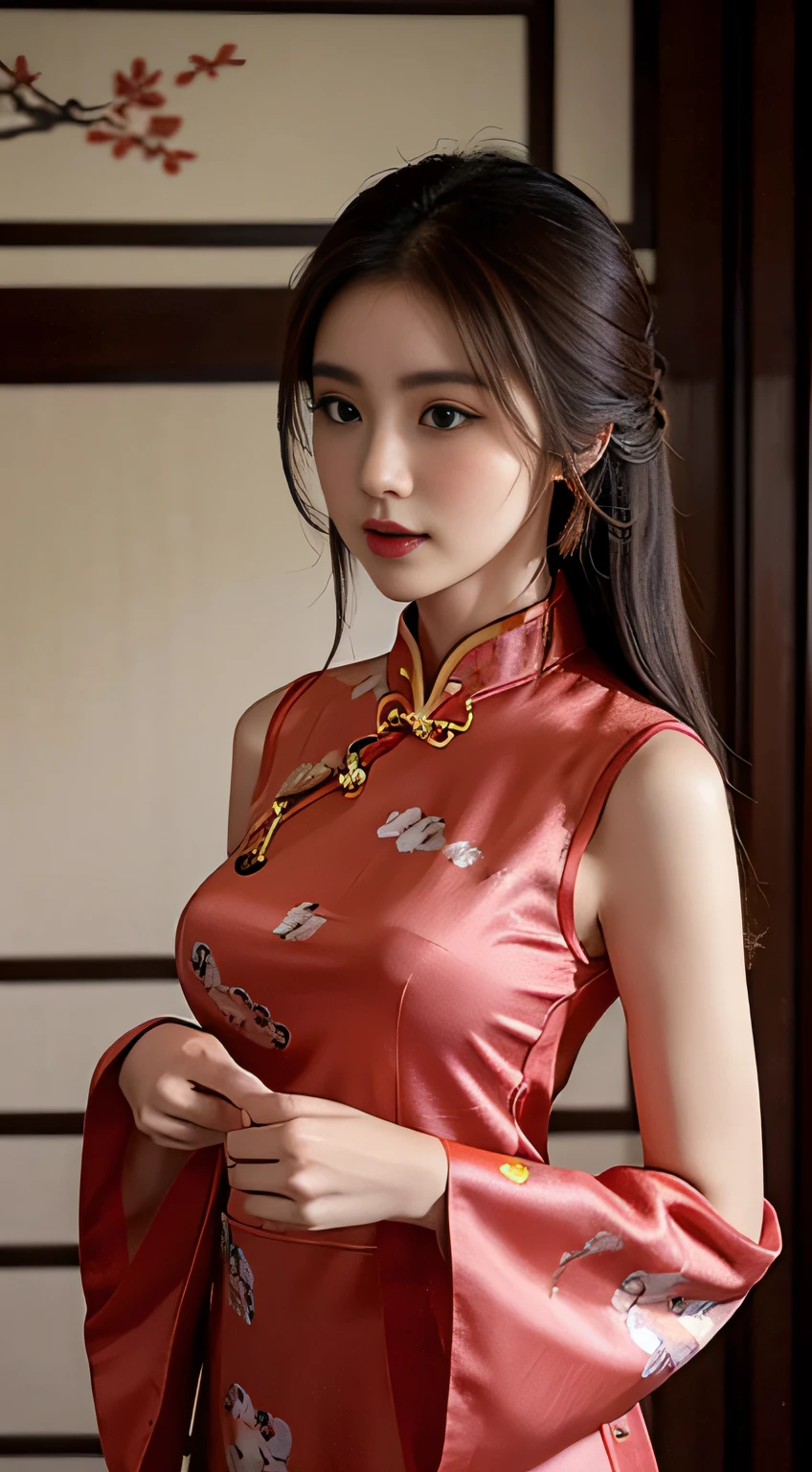 beuaty girl、high-level image quality、Like a shot with an SLR、Beautuful Women、Sensual body、Chinese clothes、Depicts a woman wearing a traditional cheongsam