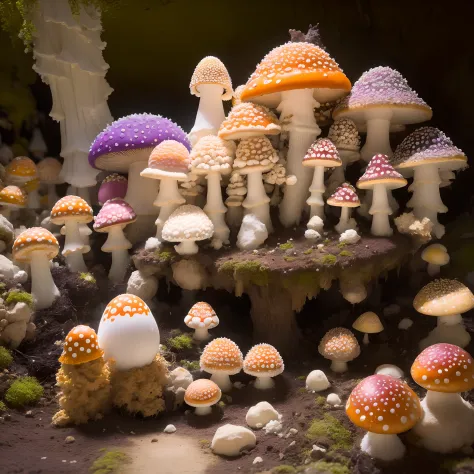 Mushroom, fly agaric, many fly agaric, many mushrooms, array of mushrooms, mushrooms, Extensive landscape ultrasound photography (general view, which shows the stone vault of the cave), (detailed description of the cave), solidified lava (in detail), stala...