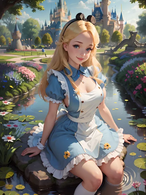 (masterpiece), (best quality), (extremely detailed), alice liddell, blue dress, white apron, black hairband, white long socks, c...