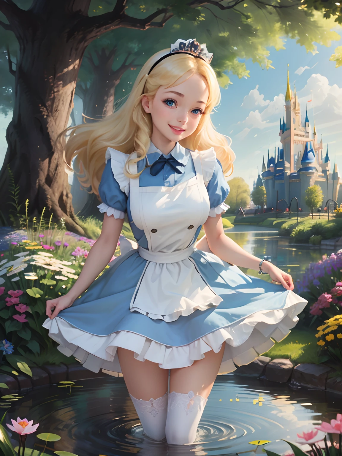 (masterpiece), (best quality), (extremely detailed), alice liddell, blue dress, white apron, black hairband, white long socks, cute pose, in a flower garden, (pond), (((disney castle at the background))), (blue sky), (sunny day), 3d. Illustration, Good Highlights, Perfect Proportions, dynamic, Professional, Award winning, (high detailed skin), (high detailed face), photorealistic, HDR, ultra highres, absurdres, perfect body shape, cute smiling, perfect breast