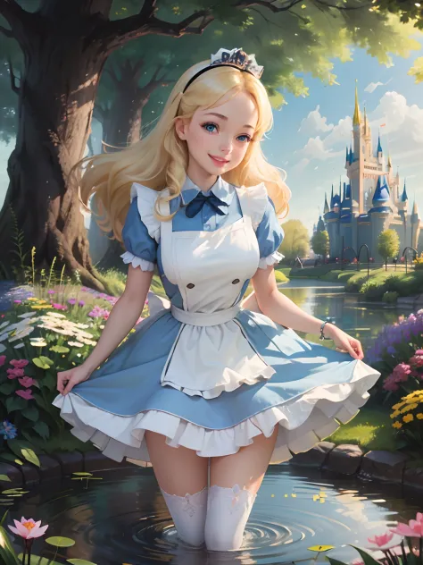 (masterpiece), (best quality), (extremely detailed), alice liddell, blue dress, white apron, black hairband, white long socks, c...