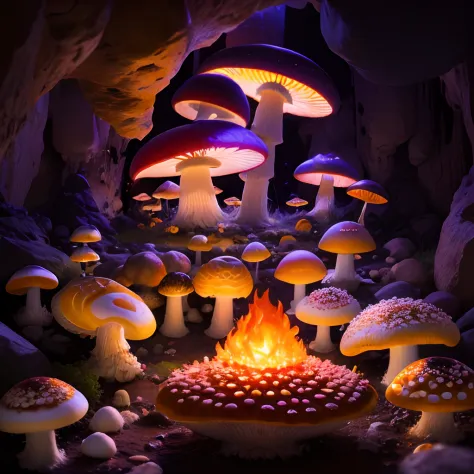 Mushroom, fly agaric, many fly agaric, many mushrooms, array of mushrooms, mushrooms, crystall, crystalls, Extensive landscape ultrasound photography (general view, which shows the stone vault of the cave), (detailed description of the cave), solidified la...