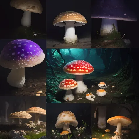 Mushroom, fly agaric, many fly agaric, many mushrooms, array of mushrooms, mushrooms, crystall, crystalls, Extensive landscape ultrasound photography (general view, which shows the stone vault of the cave), (detailed description of the cave), solidified la...