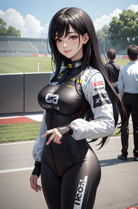 1lady solo standing, /(grid girl/) clothes with logo, mature female, /(black hair/) bangs, blush kind smile, (masterpiece best q...