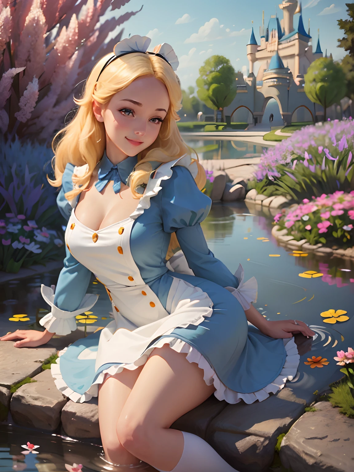 (masterpiece), (best quality), (extremely detailed), alice liddell, blue dress, white apron, black hairband, white long socks, cute pose, in a flower garden, (pond), (((disney castle at the background))), (blue sky), (sunny day), 3d. Illustration, Good Highlights, Perfect Proportions, dynamic, Professional, Award winning, (high detailed skin), (high detailed face), photorealistic, HDR, ultra highres, absurdres, perfect body shape, cute smiling, realistic figure, sexy posing, teaser lying down, perfect breast