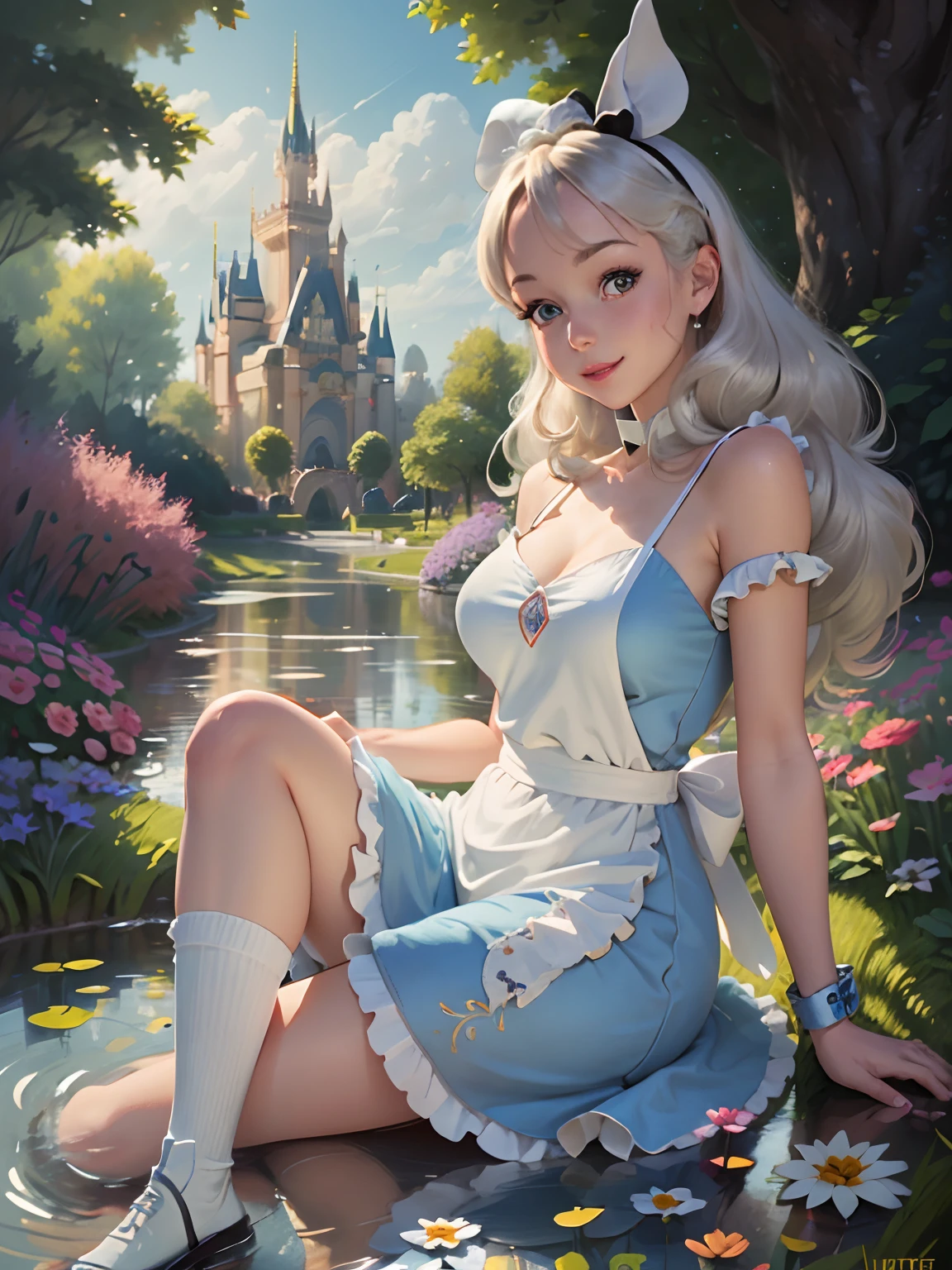 (masterpiece), (best quality), (extremely detailed), alice liddell, blue dress, white apron, black hairband, white long socks, cute pose, in a flower garden, (pond), (((disney castle at the background))), (blue sky), (sunny day), 3d. Illustration, Good Highlights, Perfect Proportions, dynamic, Professional, Award winning, (high detailed skin), (high detailed face), photorealistic, HDR, ultra highres, absurdres, perfect body shape, cute smiling, realistic figure, sexy posing, teaser lying down, perfect breast, bunny, cute little animal