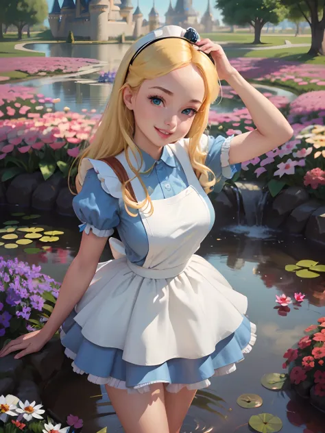 (masterpiece), (best quality), (extremely detailed), alice liddell, blue dress, white apron, black hairband, white long socks, c...