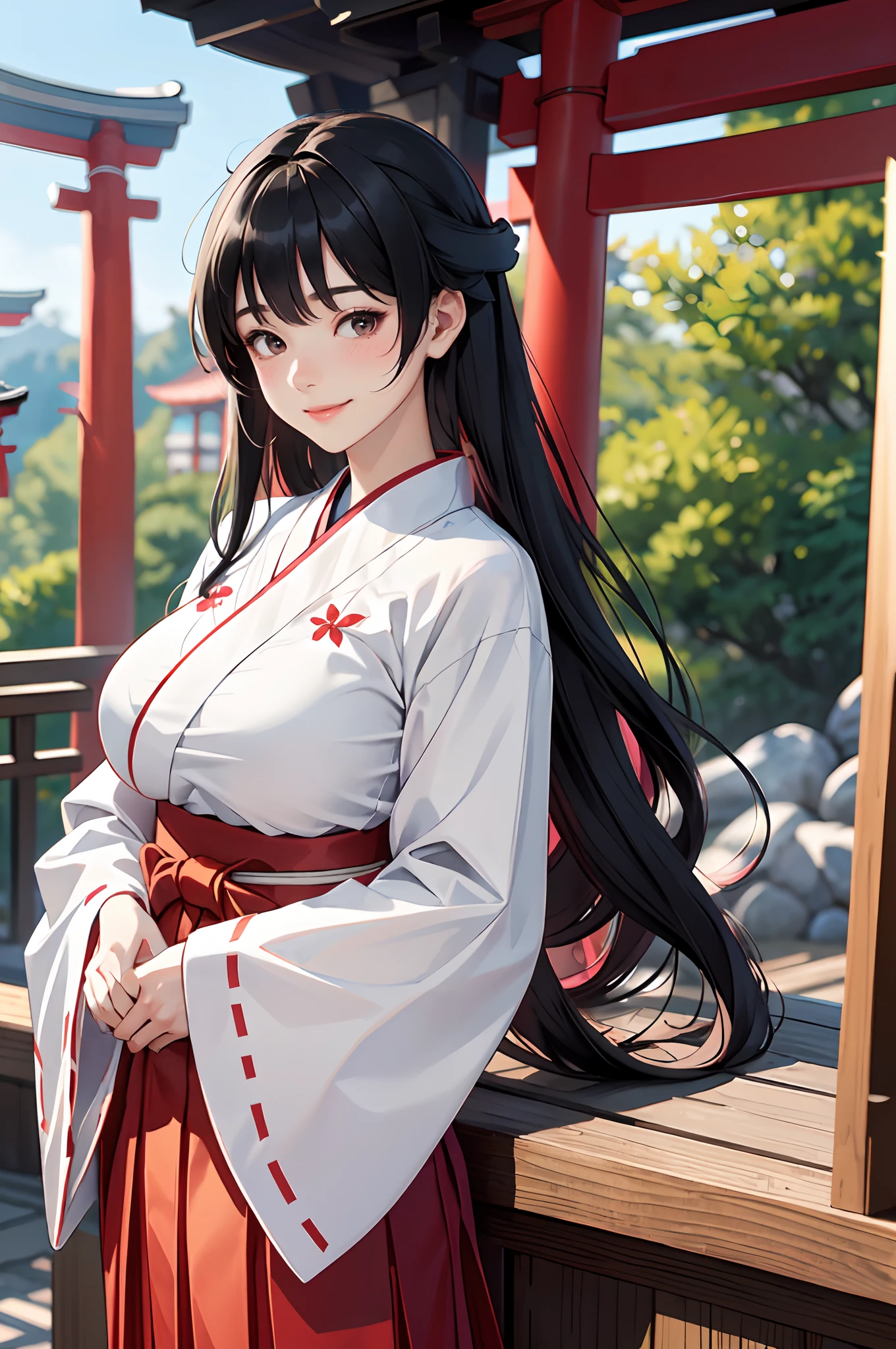 1lady solo standing, /(miko clothes long sleeves detached sleeves long hakama hakama skirt/), mature female, /(black hair/) bangs, blush kind smile, (masterpiece best quality:1.2) delicate illustration ultra-detailed, large breasts BREAK /(shrine indoors/), detailed background