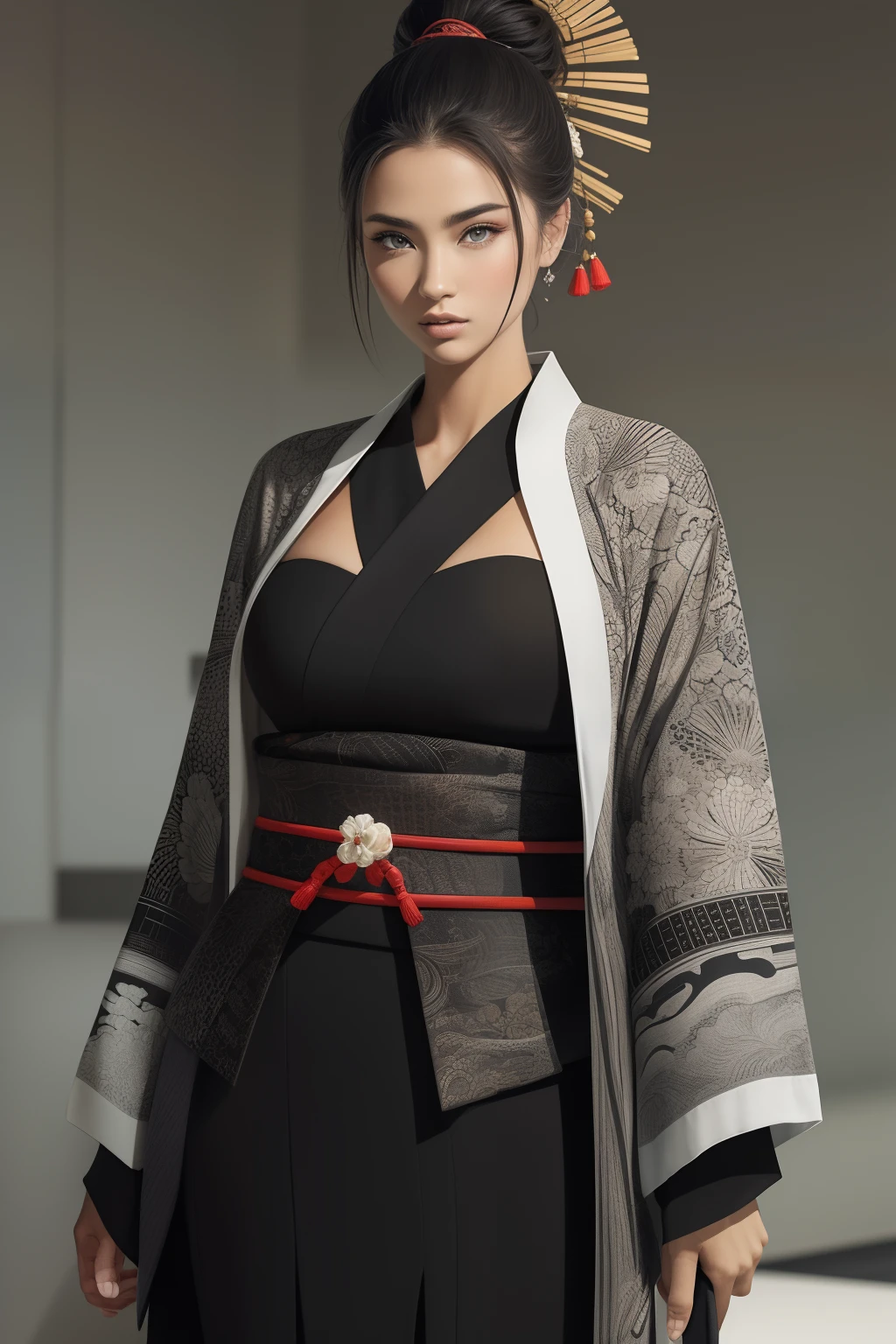 Ein wunderschöner sexy Samurai, schönes Gesicht, zarter schöner Körper, verführerischer Körper, trägt einen sexy und verführerischen offenen Kimono.

Das Kunstwerk ist in einem Medium geschaffen, das an japanische Tuschmalerei erinnert......, mit kräftigen Pinselstrichen und einer monochromen Farbpalette. Die meisterhafte Technik des Künstlers bringt die Intensität und Kraft der Präsenz des Bildes zum Vorschein und ist von höchster Qualität, jedes Detail wird fehlerlos in ultrahoher Auflösung erfasst. Die Texturen des Kimonos und die komplizierten Muster werden mit äußerster Präzision wiedergegeben. Die Beleuchtung ist sorgfältig gestaltet, um den dramatischen Effekt zu verstärken, mit tiefen Schatten und subtilen Glanzlichtern.

Allgemein, Das Kunstwerk strahlt Eleganz und Kraft aus, verbindet traditionelle japanische Ästhetik mit einem Hauch von Modernität. Die monochrome Farbpalette, kombiniert mit den exquisiten Details, schafft ein fesselndes und immersives Erlebnis für den Betrachter.