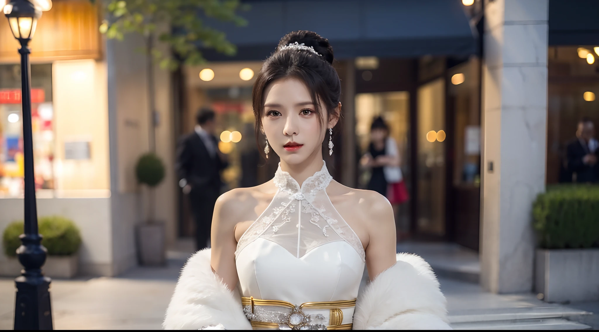 Realiy，8K，Ultra-high resolution，Front light，rays of sunshine，Background bokeh，depth of fields，photographed，the city street，There is water on the ground，Sports cars， Female celebrities，long whitr hair，cropped shoulders，shift dresses，formal outfit， Hair_decorations, (独奏,solo person), Lace long gloves，jewelry，sash, Looking_at_peeping at the viewer, Bigchest，(The scene is，A half body:1.2)，Face lighting