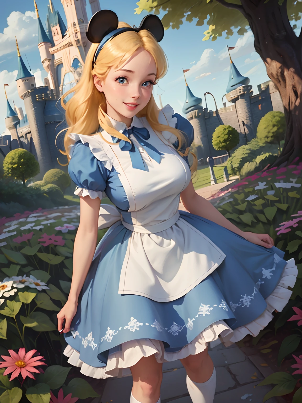 (obra de arte), (melhor qualidade), (extremamente detalhado), Alice Lindell, Vestido azul, avental branco, faixa de cabelo preta, meias longas brancas, pose fofa, em um jardim florido, (((Castelo da Disney ao fundo))), (céu azul), (dia ensolarado), 3d. ilustração, Bons destaques, Proporções perfeitas, Dinâmico, profissional, premiado, (pele altamente detalhada), (rosto altamente detalhado), fotorrealista, HDR, ultra alta resolução, absurdos, forma corporal perfeita, fofo sorrindo, figura realista, pose sexy, teaser em pé, peito perfeito