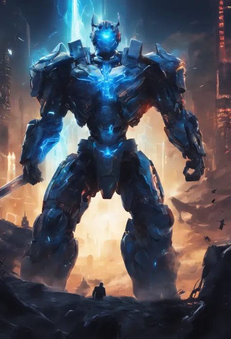 Blue Ghost Hunter, (Giant: 1.6), Super Cool Ghost Killer, Wearing blue mechanical armor, Surrounded by lightning, holding samurai sword, standing at front, super detailed, Realistic, shiny, Reflective, bio luminescent, Galaxy Control Mask, mechs, (The exec...