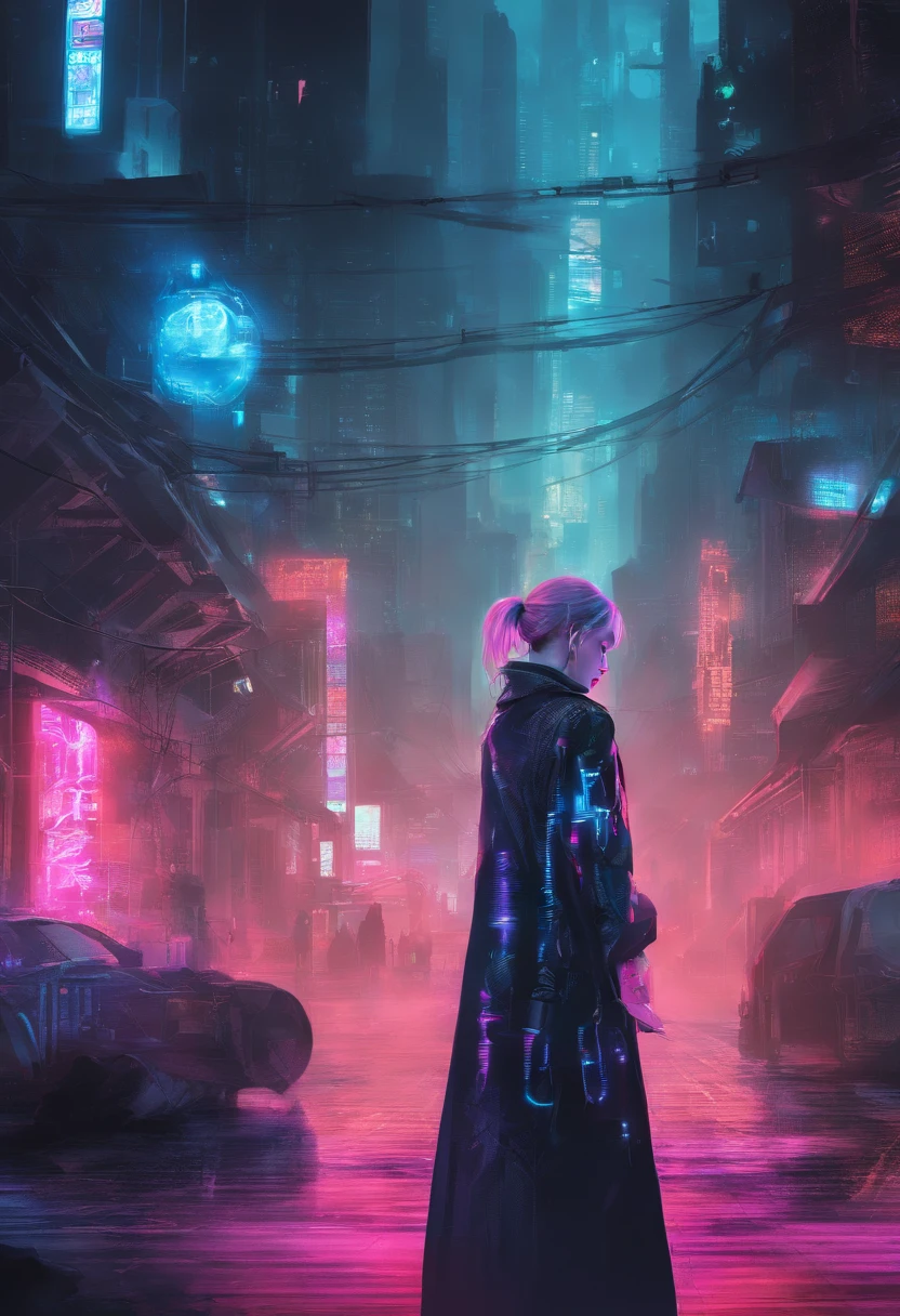 Cyberpunk, night, smokey, sadness, beautiful cyborg woman with ...