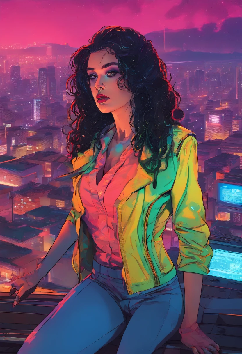 Cyberpunk, night, smokey, sadness, beautiful cyborg woman with silverskin and artificial blue eyes gazing up into the sky. City full of neon lights, Trenchcoat,close up, Very long black hair, standing on a roof top, landscape, detailed background,