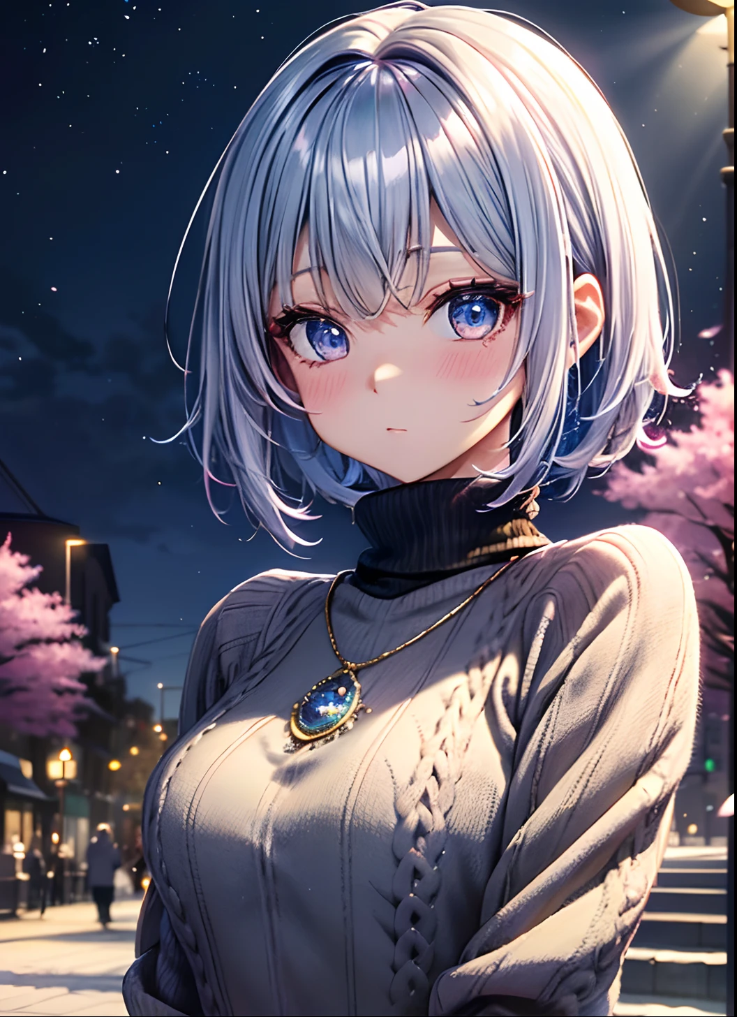 absurderes, ultra-detailliert,bright colour, extremely beautiful detailed anime face and eyes, (独奏:1.6), (medium breasts⁩:1.2),(Thin knitwear:1.3),(Park at dusk:1.3)、(Surprise and embarrassment:1.3)、(short hair asymmetrical bangs short twin tail blonde hair shiny hair), Delicate beautiful face, red blush,(Deep Blue Eyes:1.3 ) White skin, hair clips,1 necklace,