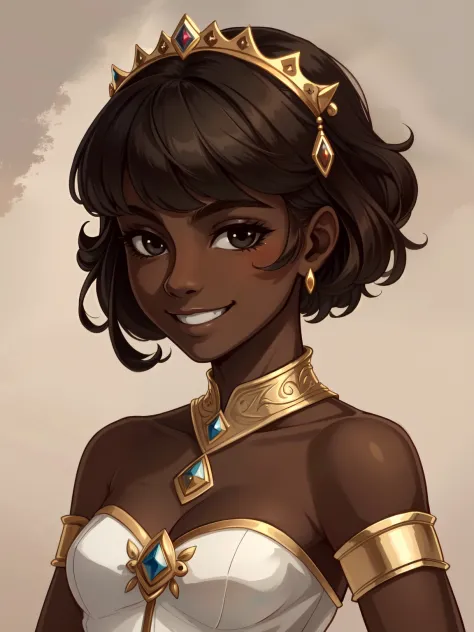 Masterpiece, best quality, high-res, extremely detailed, 1 girl, (dark brown skin tone:1.2), black eyes, smiling, princess, shor...