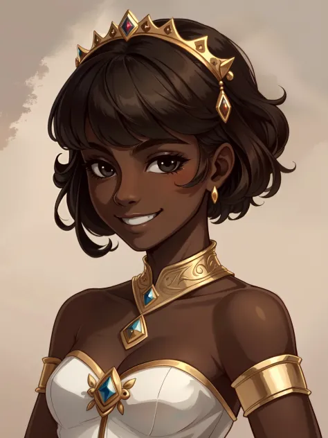 masterpiece, best quality, high-res, extremely detailed, 1 girl, (dark brown skin tone:1.2), black eyes, smiling, princess, shor...