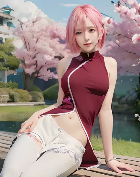 anime girl sitting on a bench with a bottle of water in her hand, sakura haruno, haruno sakura, sakura haruno in slug sage mode,...